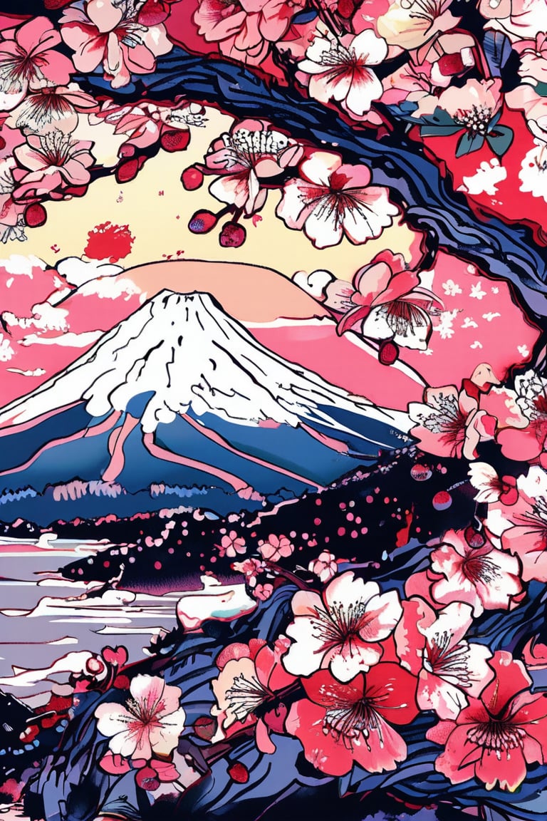 A tranquil scene of Mount Fuji during cherry blossom season, with delicate pink petals floating in the air, in the style of Vincent van Gogh, using a vibrant color palette of soft pinks, cool whites, and deep blues with swirling, textured brushstrokes. Artists: Vincent van Gogh, Katsushika Hokusai, Utagawa Hiroshige.