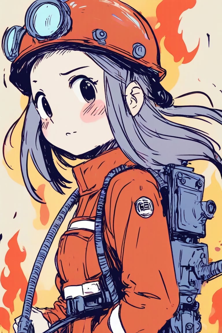 1girl, anime, firefighter in action, wearing firefighting gear, holding a hose, intense expression, flames and smoke around, detailed equipment, dramatic lighting, heroic atmosphere, intricate background, vibrant colors, masterpiece
