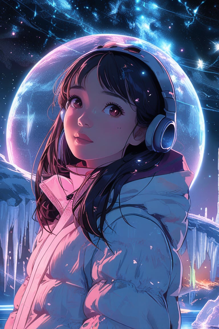 1 girl portrait, charming, nature, neon light, look at viewer,Anime Style, ice, space background,noc-space