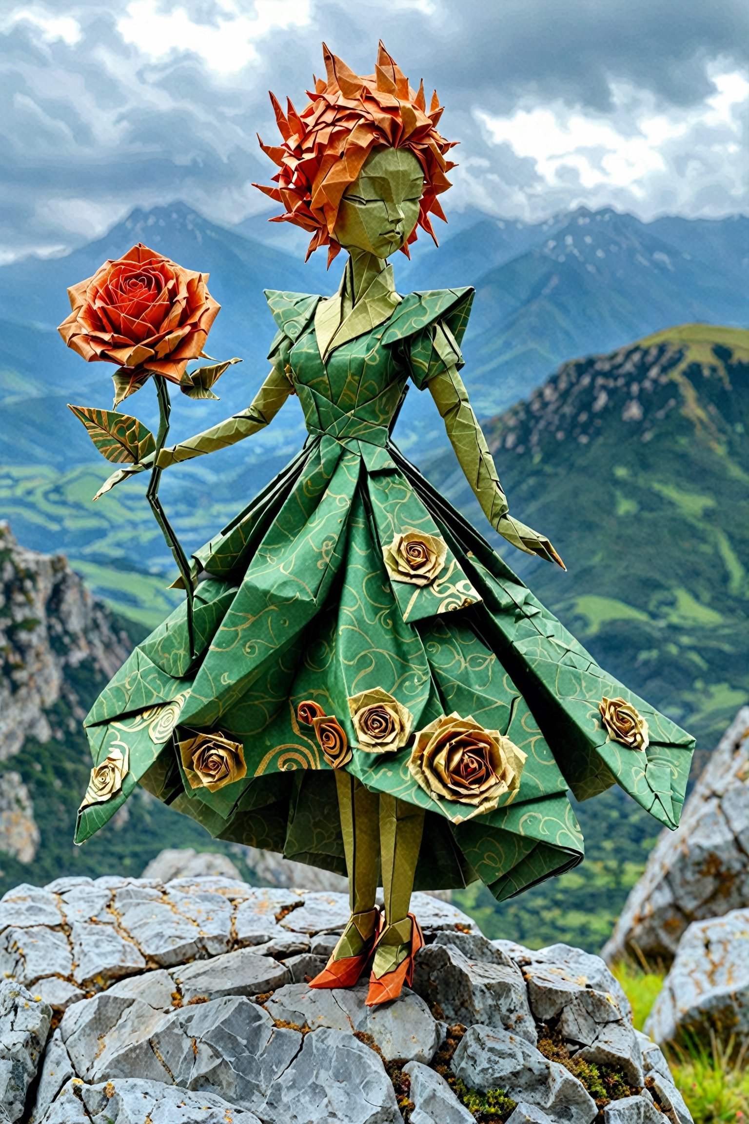 An intricately crafted origami figure, possibly inspired by a mythical or fantasy character. The figure has a green dress adorned with golden swirls, and a distinctive orange, spiky hairdo. It holds a beautifully crafted red rose in one hand. The origami figure stands atop a rugged rock, with a vast and scenic landscape stretching out behind it. The sky above is filled with clouds, hinting at a possible change in weather.