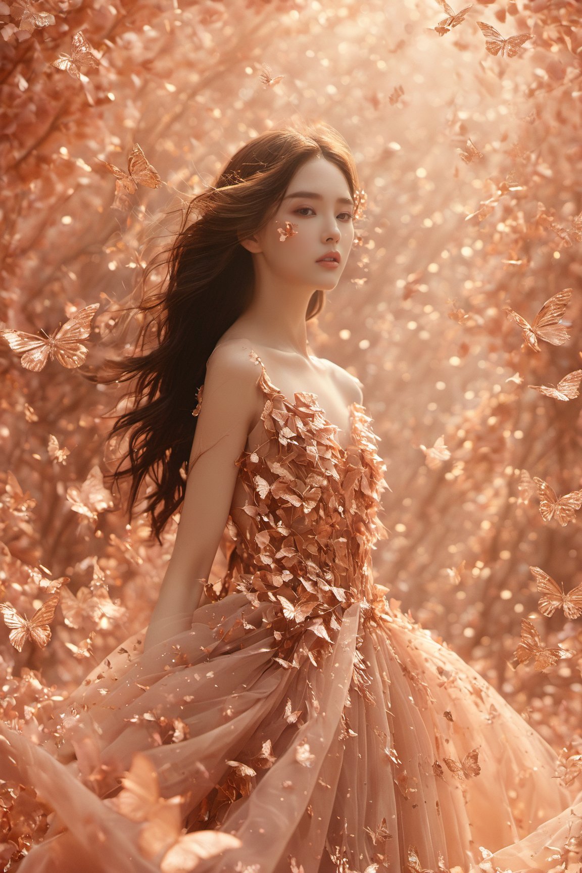 A woman surrounded by a myriad of rose gold butterflies. She wears a gown made of rose gold leaves, which flows gracefully around her. The backdrop is a rose gold-hued environment, possibly signifying a rose gold forest or a magical realm. The woman's long, wavy hair flows freely, complementing the ethereal ambiance of the scene.