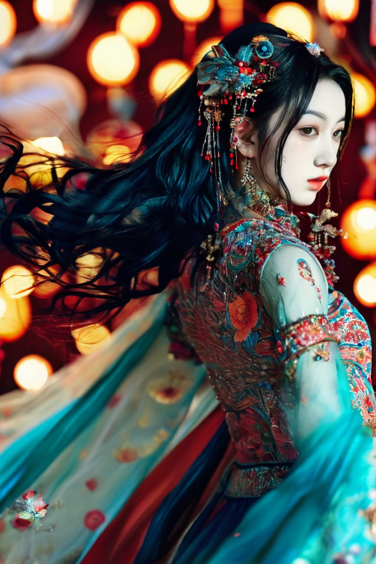  A girl, photographed from head to toe, wears an ornate, flowing costume from ancient Chinese Dunhuang murals in bright colors including turquoise, gold and red, embellished with floral patterns and delicate details. The long flowing black hair is decorated with ornate hair accessories, against a background of softly blurred glowing spheres and abstract elements, suggesting a mysterious or dreamy environment. The dynamic light and flow of clothing convey a sense of movement, adding to the ethereal quality of the artwork. The overall ambience is both serene and vivid, and the rich combination of textures and colors is intoxicating