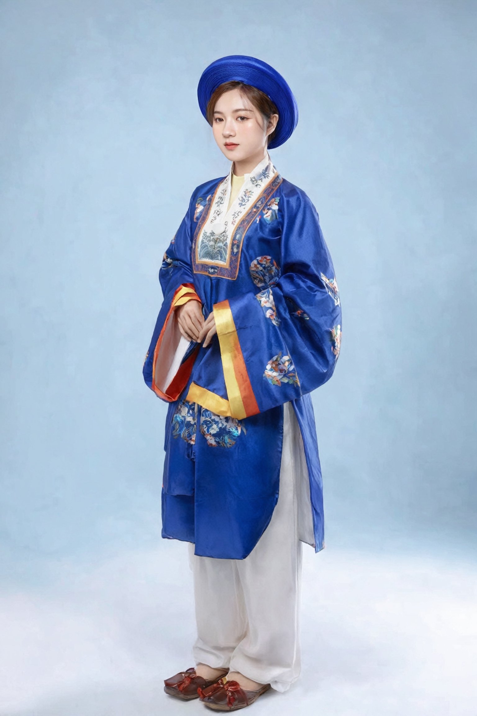 1girl, solo, looking at viewer, short hair, brown hair, long sleeves, hat, standing, full body, blue headwear, realistic, nhat_binh, traditional clothes