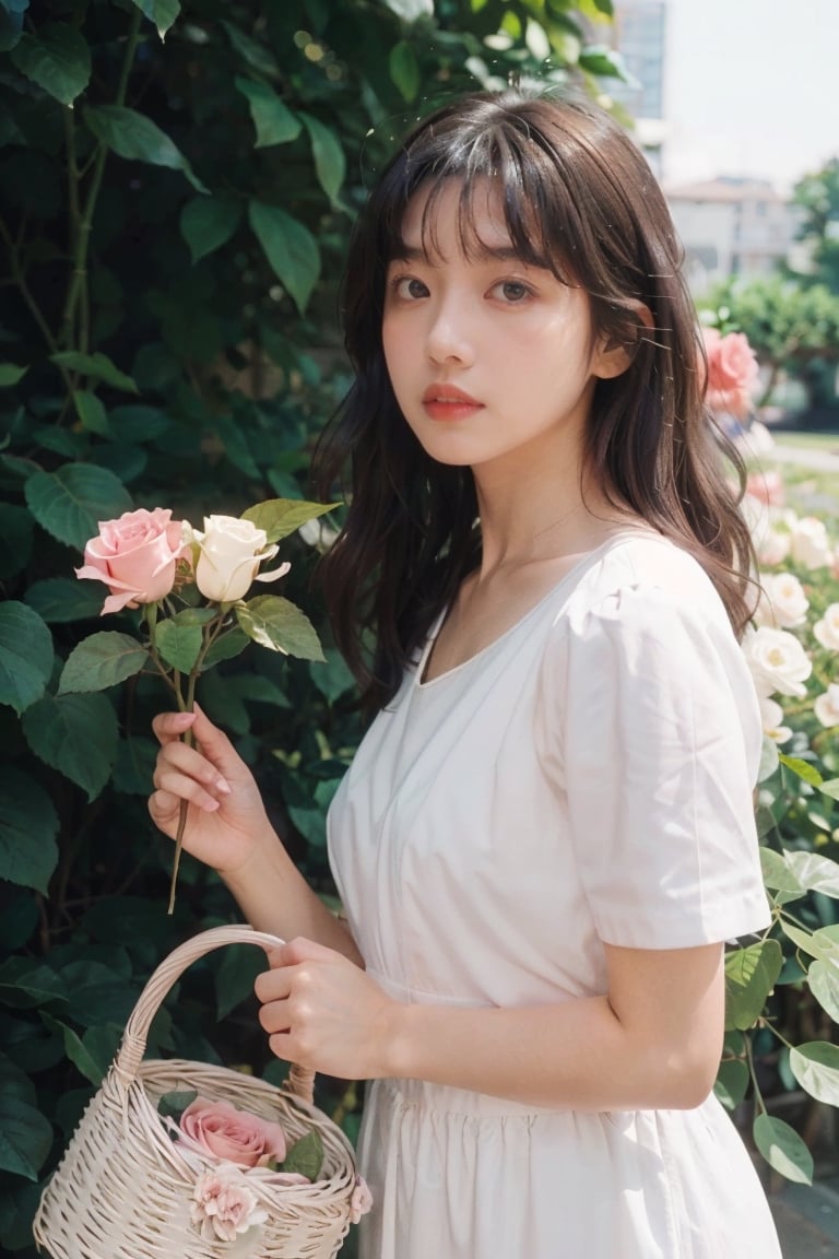 1girl, solo, curly hair, messy hair, long hair, looking at viewer, brown hair, black hair, dress, holding, upper body, flower, short sleeves, outdoors, white dress, lips, rose, leaf, pink flower, realistic, basket,dream_girl,film_grain