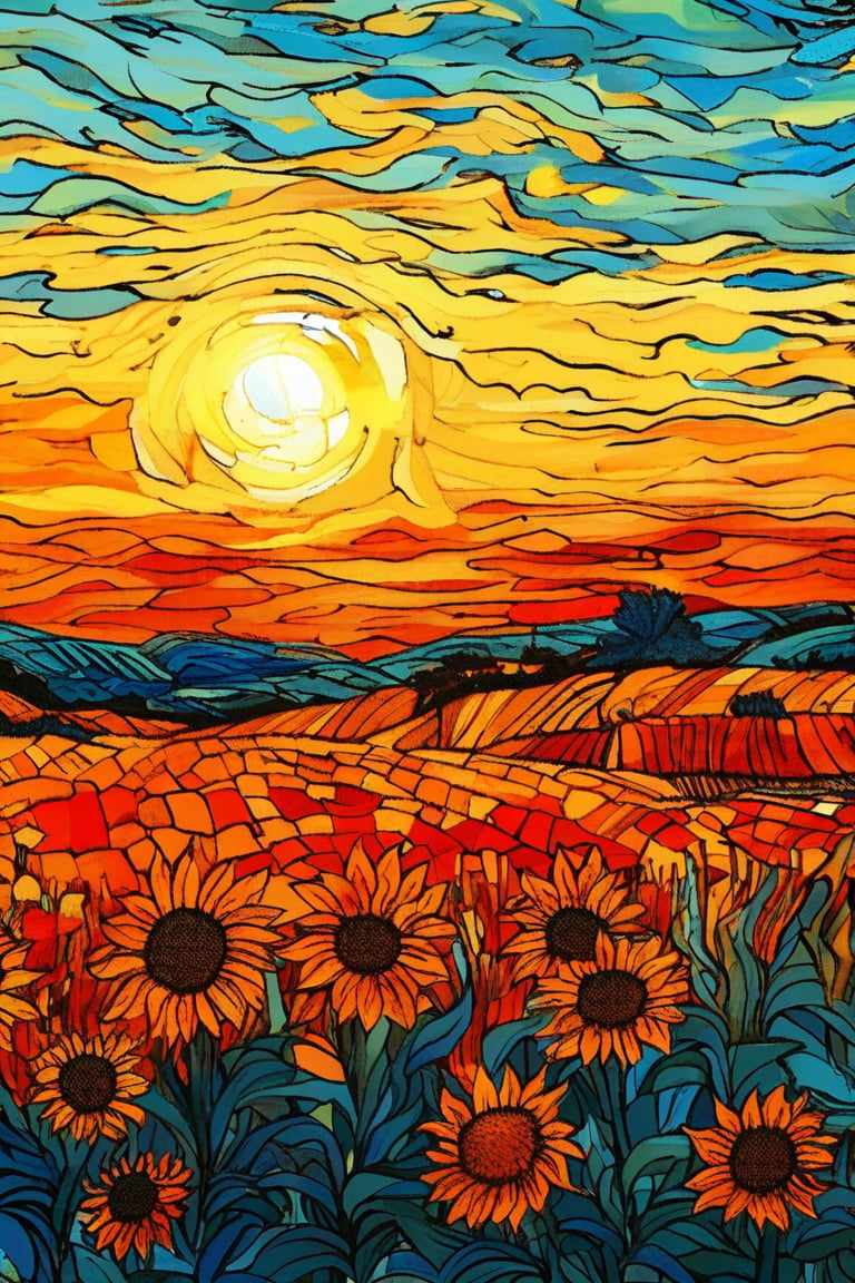 A serene landscape of a sunflower field at dawn, with golden blooms and a radiant sky, in the style of Vincent van Gogh, using a vibrant color palette of rich yellows, fiery oranges, and deep blues with swirling, textured brushstrokes. Artists: Vincent van Gogh, Henri de Toulouse-Lautrec, Paul Gauguin.