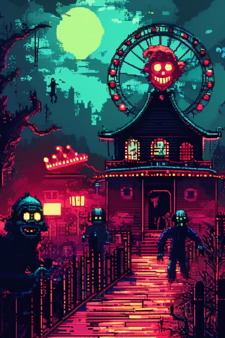 Pixel art of a haunted carnival at night, with flickering lights, a ghostly ferris wheel, and eerie clowns hiding in the shadows. The atmosphere is spooky yet strangely playful.