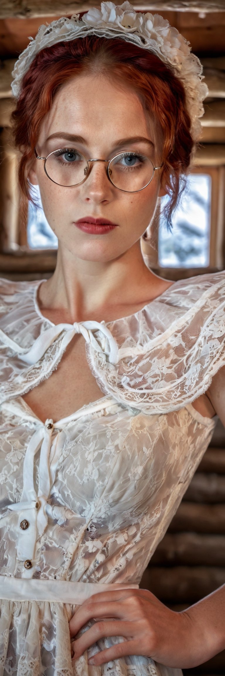 (8k, RAW photo, highest quality), beautiful woman, close up, white see thtough lace dress, (red hair, freckels, detailed eyes:1.1, wire round frame glasses), (standing side on looking at the camera:1.4), (highest quality), (best shadow),  intricate details, interior, in an old western log cabin, muted colors, ,Masterpiece,Enhanced Reality