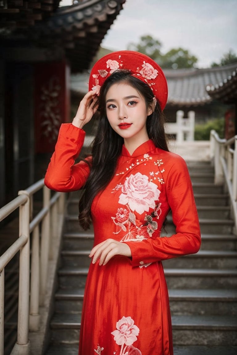 1girl, solo, long hair, looking at viewer, black hair, long sleeves, hat, dress, outdoors, day, black eyes, floral print, red headwear, architecture, east asian architecture, aodaicuoi