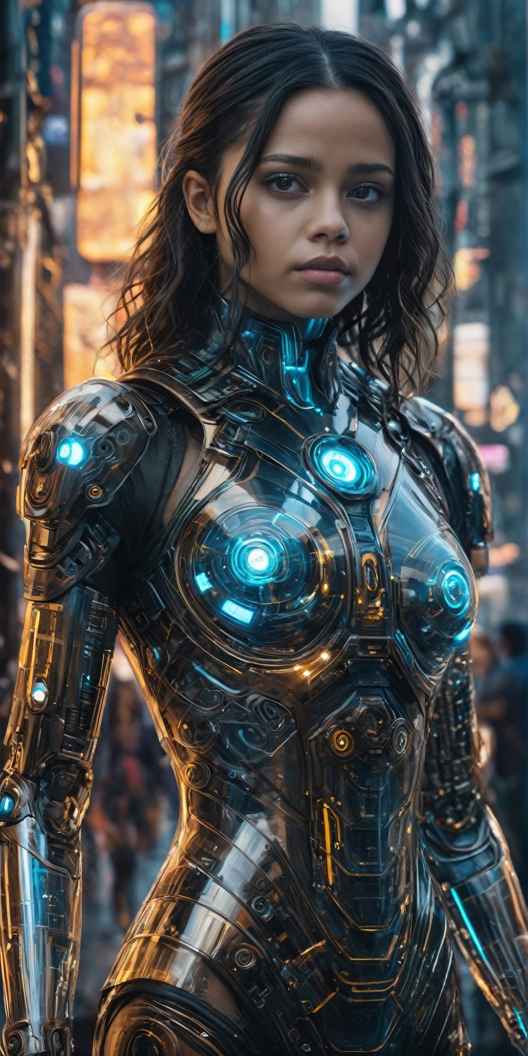 a beautiful jenna ortega cyborg with a translucent glowing glass body and clockwork completely visible through her translucent glass body walking through a futuristic city, fantasy, work of beauty and complexity, 8k UHD, hyperdetailed ultrarealistic face, hazel eyes ,cyborg style,  glowing translucent glass, amber glow,steampunk style, glass body, 80mm digital photo , wide_hips,  translucent seethrough glass like body,Leonardo Style,cyberpunk style,cyberpunk