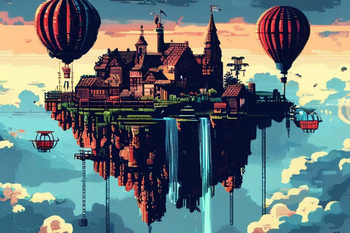 Pixel art of a floating island in the sky, with waterfalls spilling over the edges into clouds below. A small village of windmills and hot air balloons drifts peacefully around it