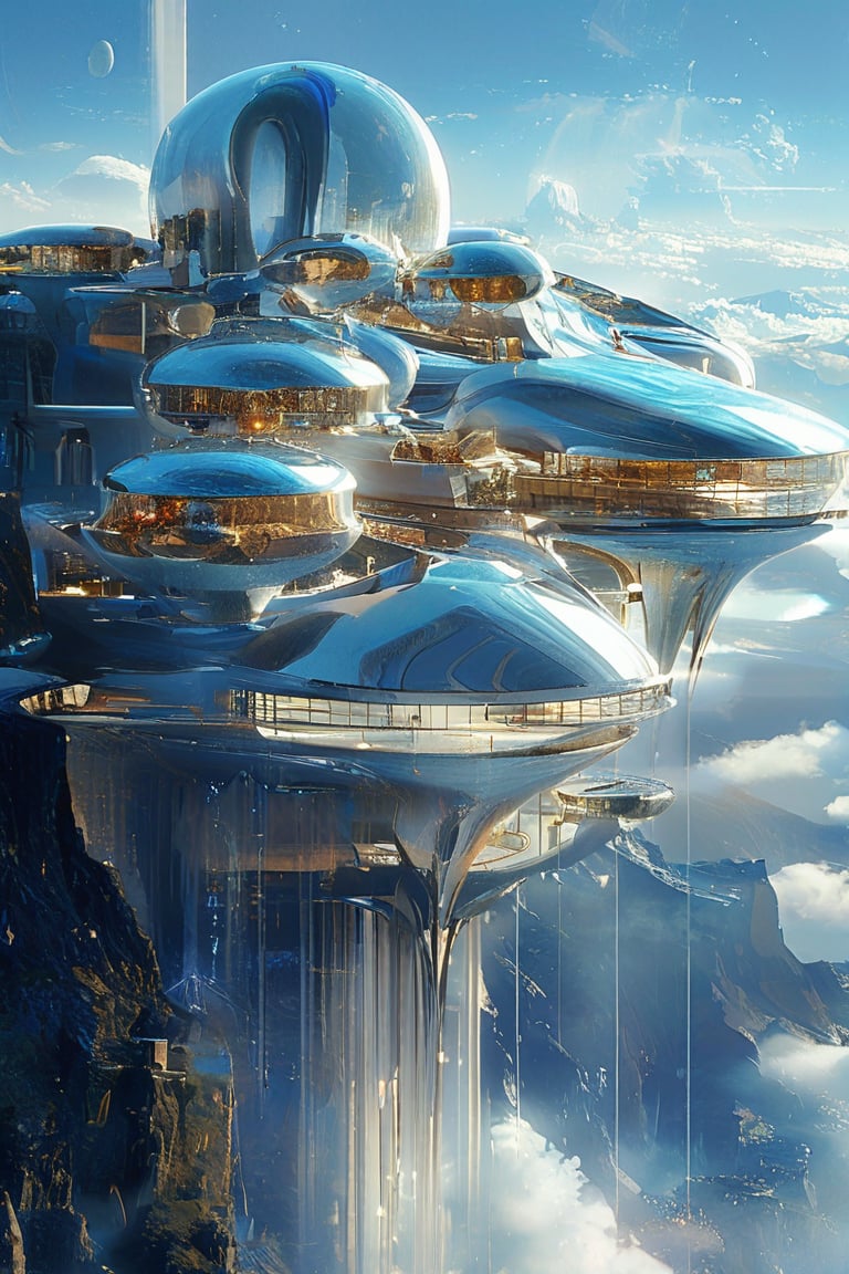 A breathtaking view of a futuristic palace, soaring above towering mountains, made of sleek glass and silver-gold materials. The palace is a stunning sight to behold, with 300 rooms that glisten in the sunlight. The structure appears to be floating on a sea of clouds, creating a surreal and otherworldly atmosphere. In the distance, one can see other smaller structures, creating a miniature city. The overall ambiance is a blend of high-tech sophistication and awe-inspiring beauty.