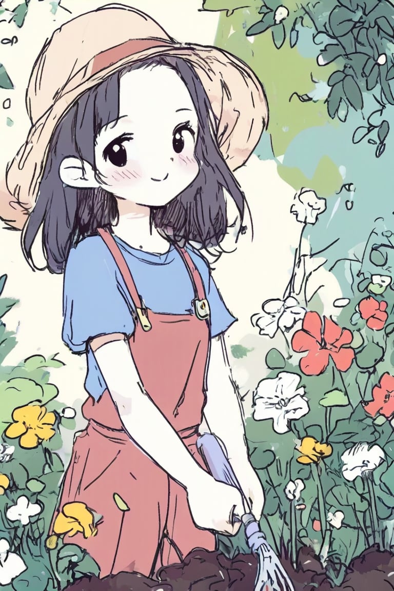 1girl, anime, gardening in a lush backyard, wearing a sunhat, planting flowers, surrounded by blooming plants, dirt on hands, sunny day, detailed foliage, soft sunlight, happy expression, vibrant colors, peaceful atmosphere, masterpiece
