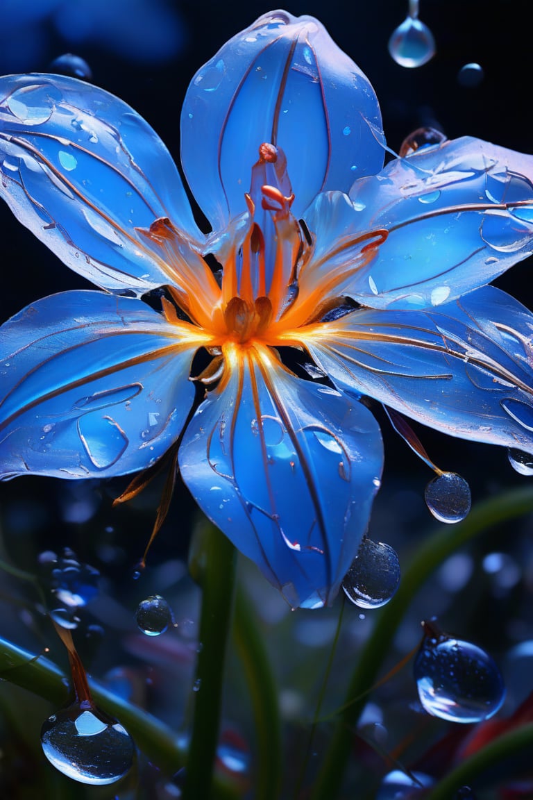 masterpiece, 8k, HDR, best quality, (highly detailed skin), photography, analog style, real life, extremely beautiful, (highly detailed, intricately detailed), (alluring eyes), depiction of a bioluminescent flower with bright, sharp, staring eyes, bluebell's petals attached to water droplets, mimics the texture seen in sculptural artwork, delicate combination of oil and marker lines on cracked epoxy glass, ultra-fine illumination, highly stylized and dramatic, (3D) image