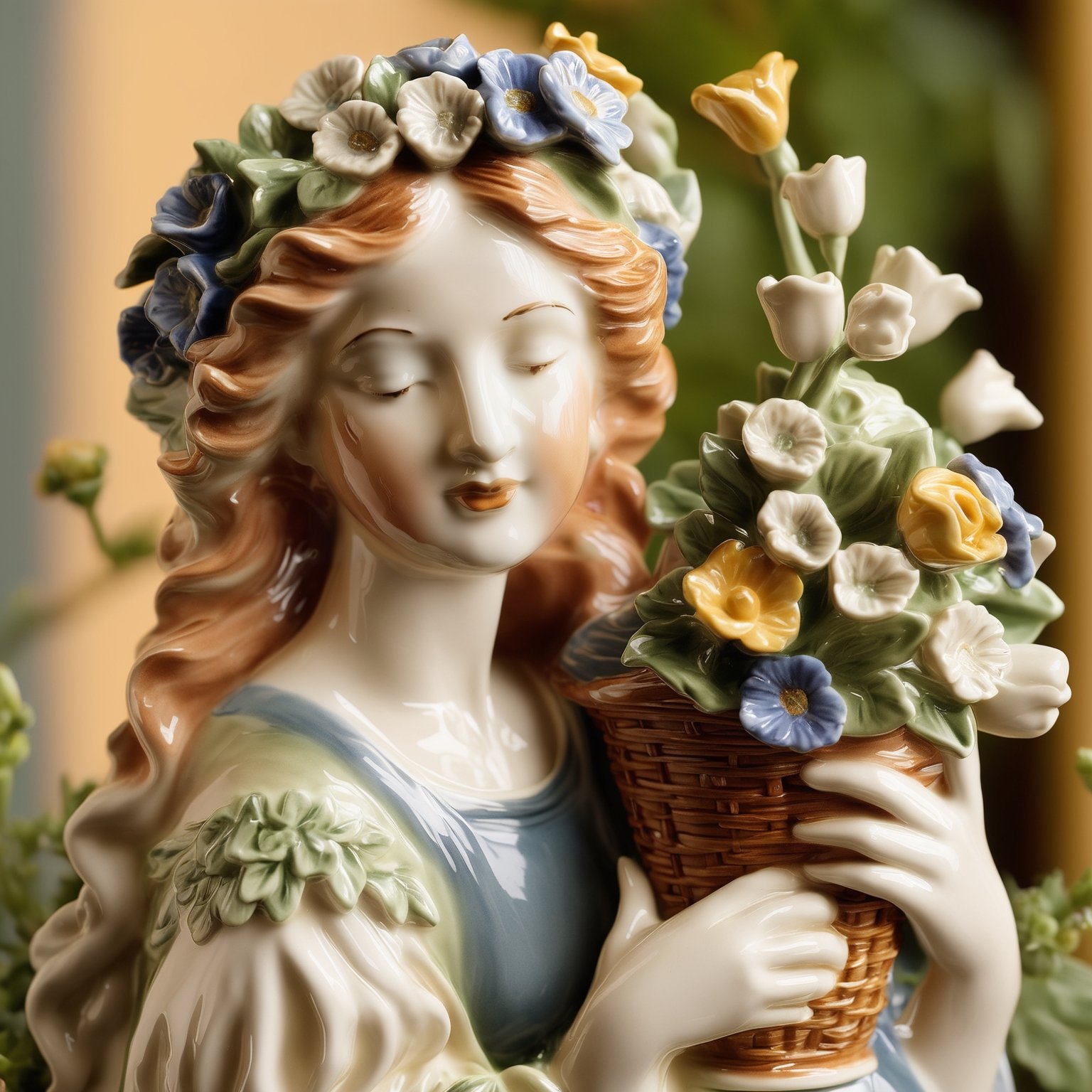 A beautifully crafted ceramic or porcelain figurine of a flower basket