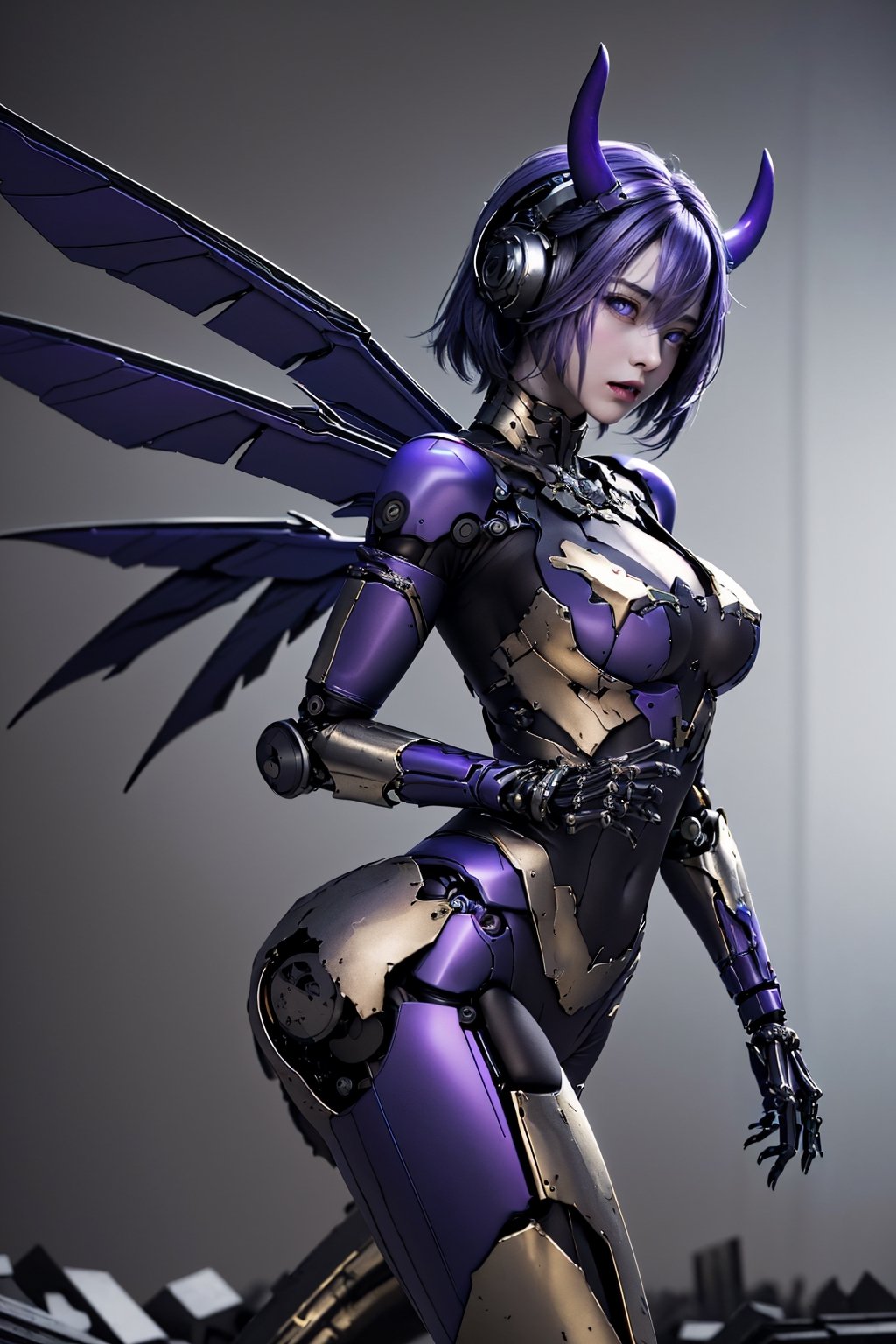Unreal Engine (High Definition: 1.3) (Ultra High Quality: 1.3) (RAW) (Photos)(ultra precision:1.2) (Best Quality: 1.2) (a girl with huge mechanical devil wings Metallic purple paint metal limbs:1.3 ) in a destroyed city, dynamic pose, dynamic view 17 years old slim medium chest
