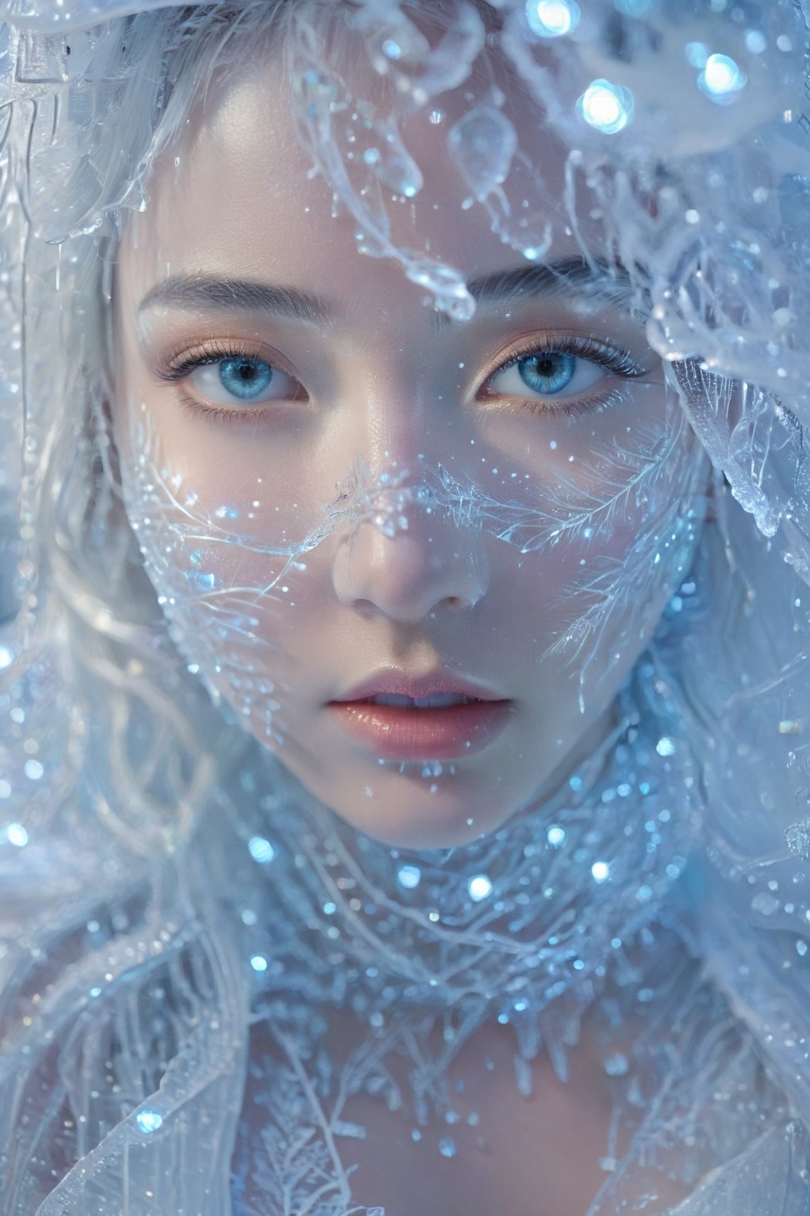 Futurististic Ice Goddess, Radiant and luminous Eyes Realistic Face, Blowing Messy Hair Iridescent Snowflakes Crystal Beads Curtain creating a mesmerizing visual spectacle ((The winter landscape is bathed)) Her animated 3D form is adorned with intricate metallic details and glowing LED lights detailed gorgeous face, extremely detailed eyes, dreamy, glowing, backlit, glamour, glimmer, shadows, Ultra Hyper Deatiled, Hyper realistic, cinematic environment, photorealistic, minimal wear, photorealistic, Hyper Realistic, extremely detailed, Hyper Realistic, Multicolor Intense Vivid Color Pallete, Elegant, Fascinated, Symmetrical, evocative pose, 8K, art inspaired by Cris Ortega, Omar OrtizCinematic pose, Dynamic movements, fashion shoot, cinematic pose, Niji expressive style, ,ice