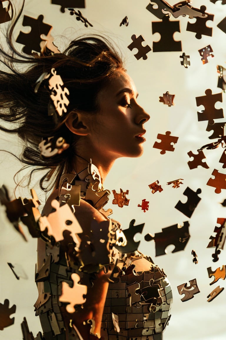 hyperrealistic, best quality, masterpiece, analog film photo, studio lighting. A commercial photography of a hyper-realistic digital artwork featuring a female model composed of puzzle pieces. The right side of her figure is artistically depicted as being blown away, scattering into the air. Her expression is serene, contrasting with the dynamic disassembly of her form. The pieces are finely detailed, each reflecting light uniquely, adding a sense of depth and complexity to the image. The color scheme of the artwork is subtle, with natural tones that emphasize the surreal yet delicate nature of the scene.