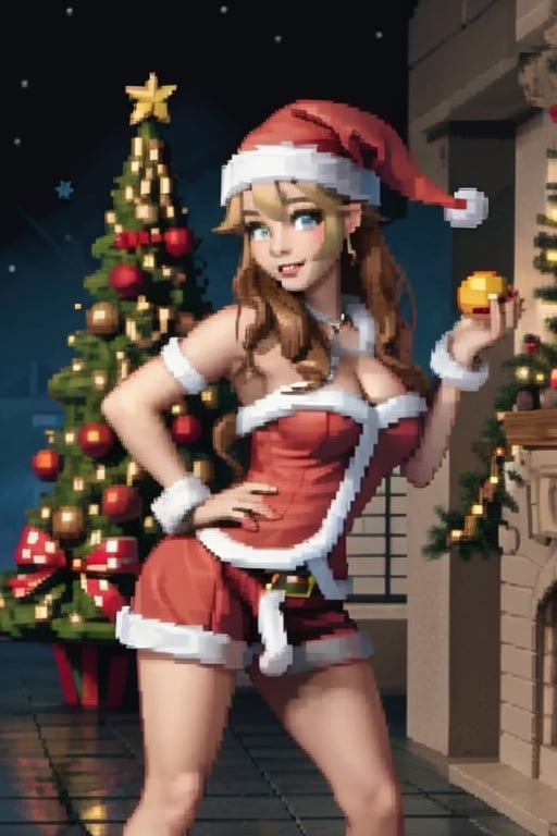 Misty from pokemon, santa claus outfit, sexy, front of christmas tree, pixel art,pixel