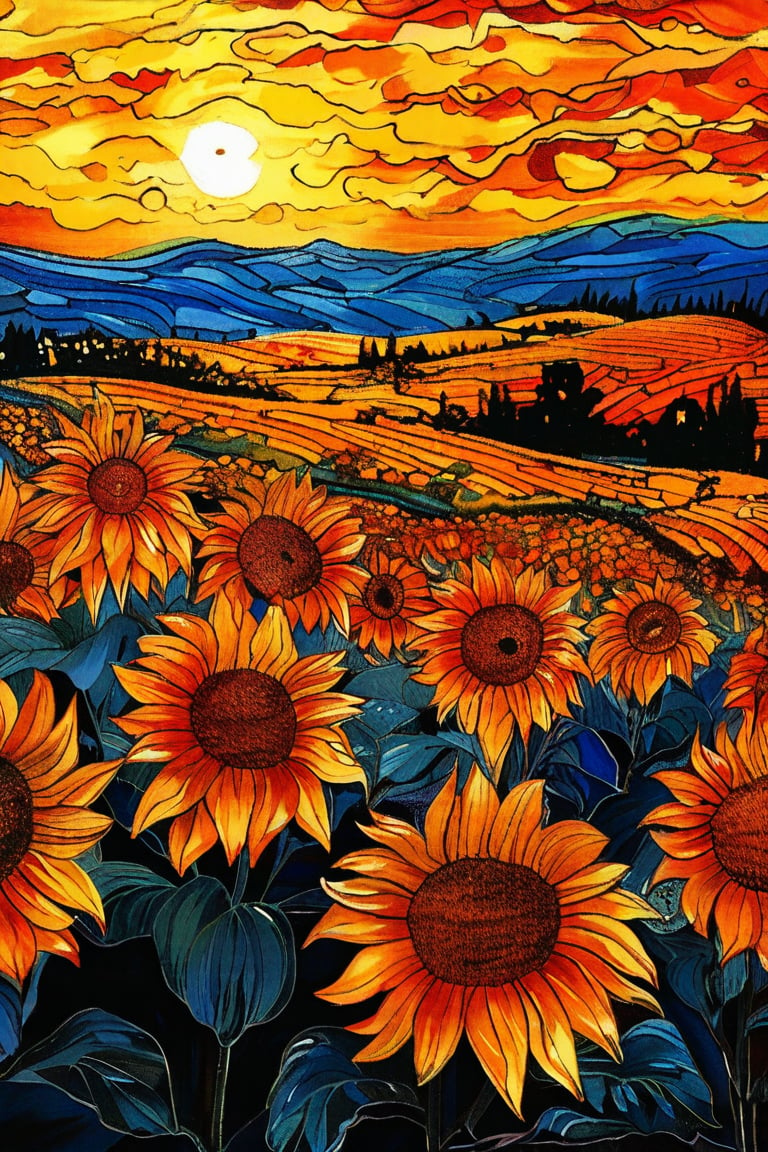 A serene landscape of a sunflower field at dawn, with golden blooms and a radiant sky, in the style of Vincent van Gogh, using a vibrant color palette of rich yellows, fiery oranges, and deep blues with swirling, textured brushstrokes. Artists: Vincent van Gogh, Henri de Toulouse-Lautrec, Paul Gauguin.