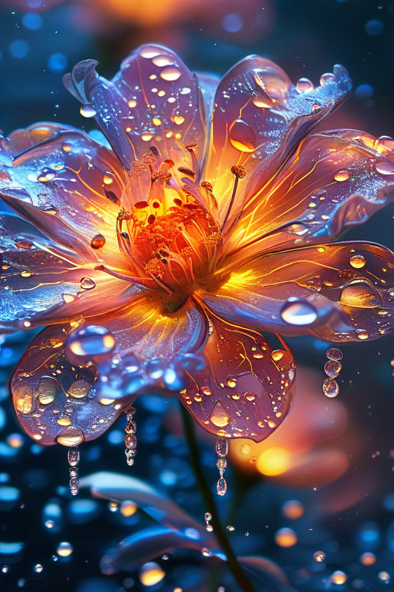 masterpiece, 8k, HDR, best quality, (highly detailed skin), photography, analog style, real life, extremely beautiful, (highly detailed, intricately detailed), (alluring eyes), depiction of a bioluminescent flower with bright, sharp, staring eyes, petals attached to water droplets, mimics the texture seen in sculptural artwork, delicate combination of oil and marker lines on cracked epoxy glass, ultra-fine illumination, highly stylized and dramatic, (3D) image