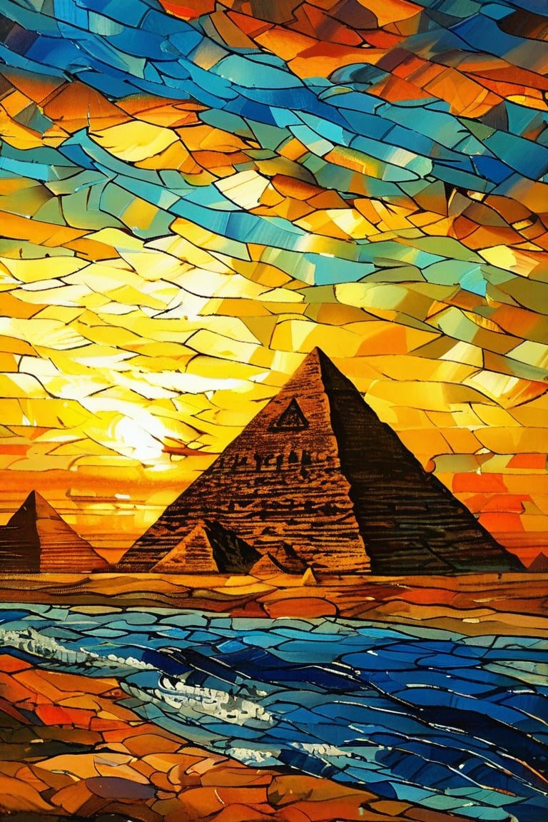 A serene scene of the Pyramids of Giza at dawn, with the golden sands of the desert glowing under the rising sun, in the style of Vincent van Gogh, using a vibrant color palette of warm yellows, deep blues, and soft browns with swirling, textured brushstrokes. Artists: Vincent van Gogh, Mahmoud Mokhtar, Hassan Fathy.