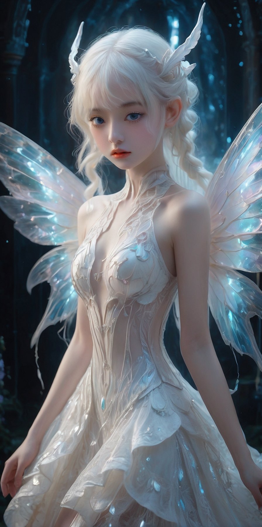 1girl, (masterpiece), stunning hybrid girl,  albino fairy and an albino demon girl,Pure white white pigtails,
blur background, sharp focus, albino demon girl,slit pupil eyes,Intricate Iris Details their ethereal beauty blending seamlessly to create a mesmerizing presence. Adorned in a shimmering gown that seems to radiate with otherworldly light, this unique being captivates all who behold her. Her delicate wings, reminiscent of both fairy wings and demonic appendages, flutter gracefully as she moves, adding to her enchanting allure. Despite her mixed heritage, there is a harmonious balance to her appearance, evoking a sense of wonder and admiration in all who gaze upon her.",Butterfly Style