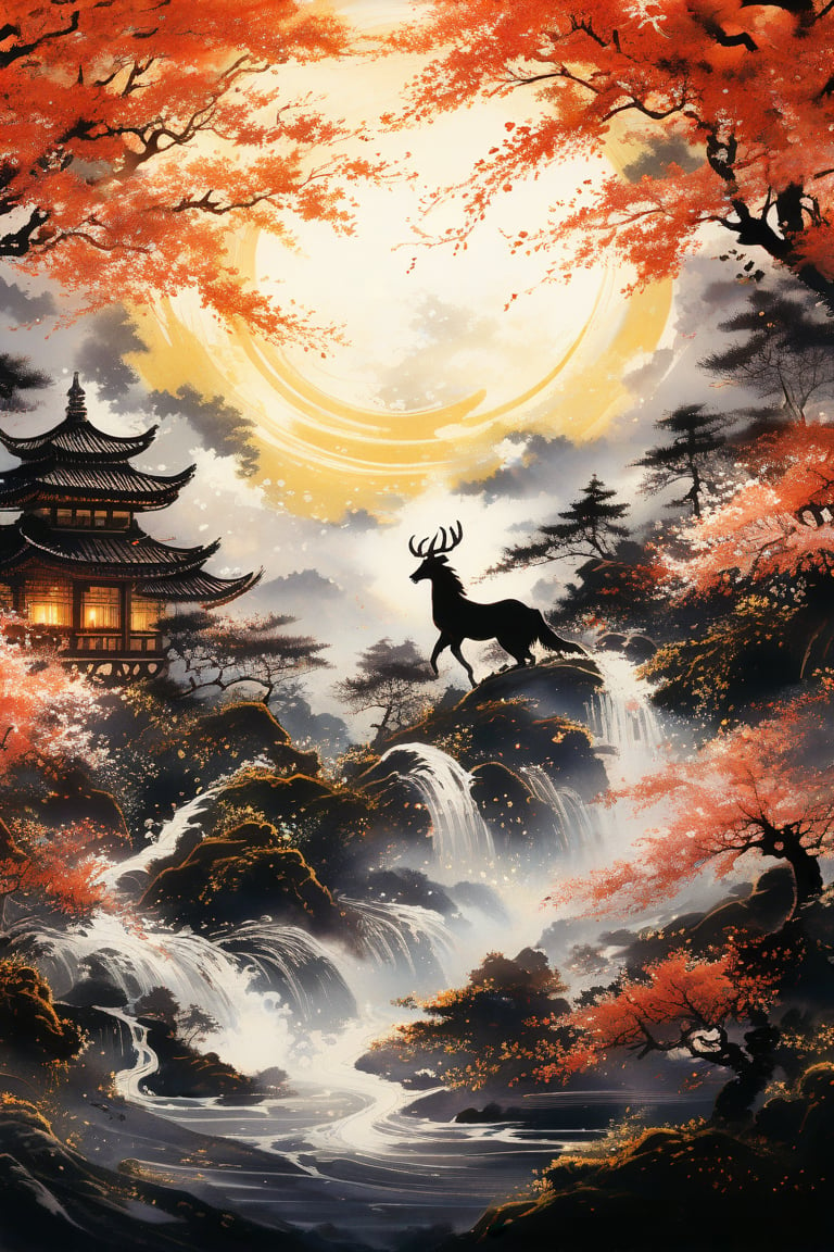 Masterpiece, beautiful and aesthetic, ultra detail, intricate, calligraphy brush, gold leaf sparkle, kanji, intricate nishiki-e, describing an epic scene, a mystical qilin galloping through a lush forest, its antlers glowing, leaving a trail of blossoms in its wake. Inspired by Chinese folklore.