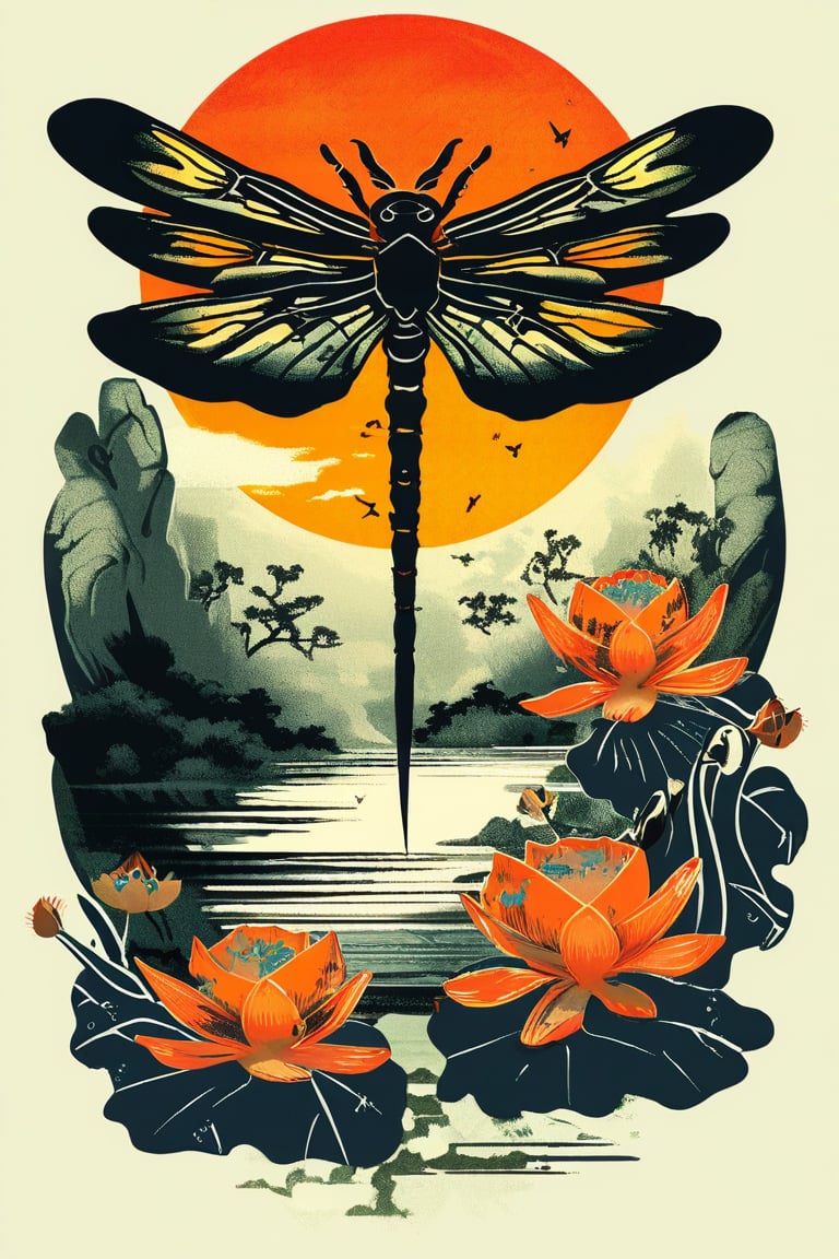 A vintage t-shirt design with retro-inspired typography surrounding a sumi-e ink illustration of a dragonfly hovering over a pond, with lotus flowers, incorporating Japanese calligraphy, black background, colorful shades, highly detailed, vector image, vibrant and clean, with a sunset backdrop, photorealistic style, flat design.