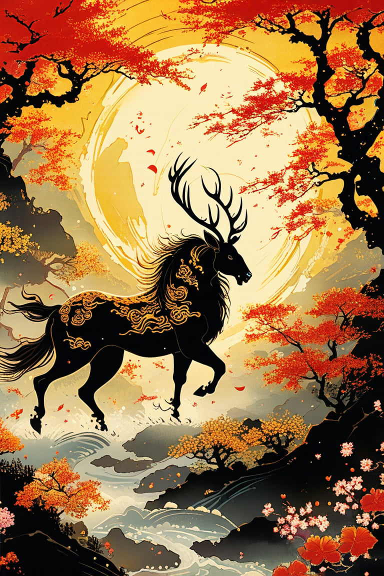 Masterpiece, beautiful and aesthetic, ultra detail, intricate, calligraphy brush, gold leaf sparkle, kanji, intricate nishiki-e, describing an epic scene, a mystical qilin galloping through a lush forest, its antlers glowing, leaving a trail of blossoms in its wake. Inspired by Chinese folklore.