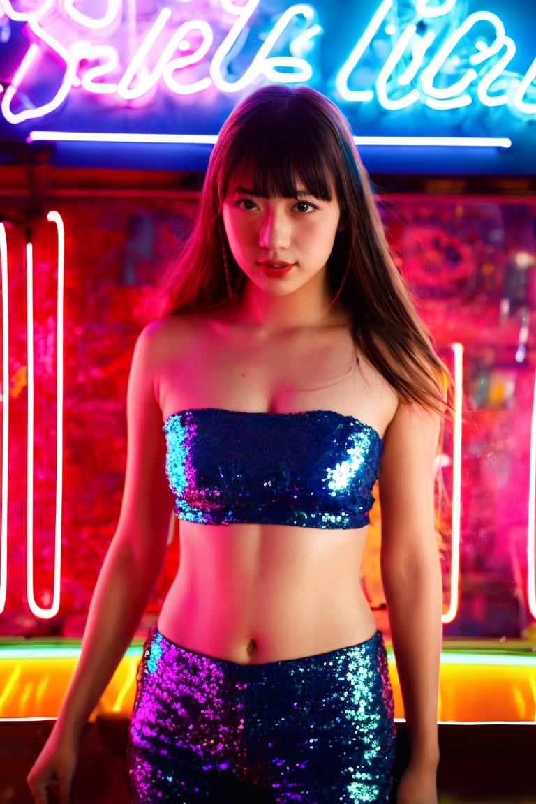 A sultry beauty with luscious brown hair and straight bangs stands out against a kaleidoscope of vibrant neon lights. She wears the Kakaco Sequins Tube Top, its sequins catching the soft glow of the blue and red lights surrounding her. The blurred neon signs in the background create a dynamic urban setting. Her dreamy expression is illuminated by the subtle neon light, which adds a touch of mystery to her calm demeanor. The shallow depth of field focuses on her radiant face, while the reflections of the neon lights add layers of depth and visual interest. This stunning image blends urban energy with serene beauty, making it a perfect magazine cover.