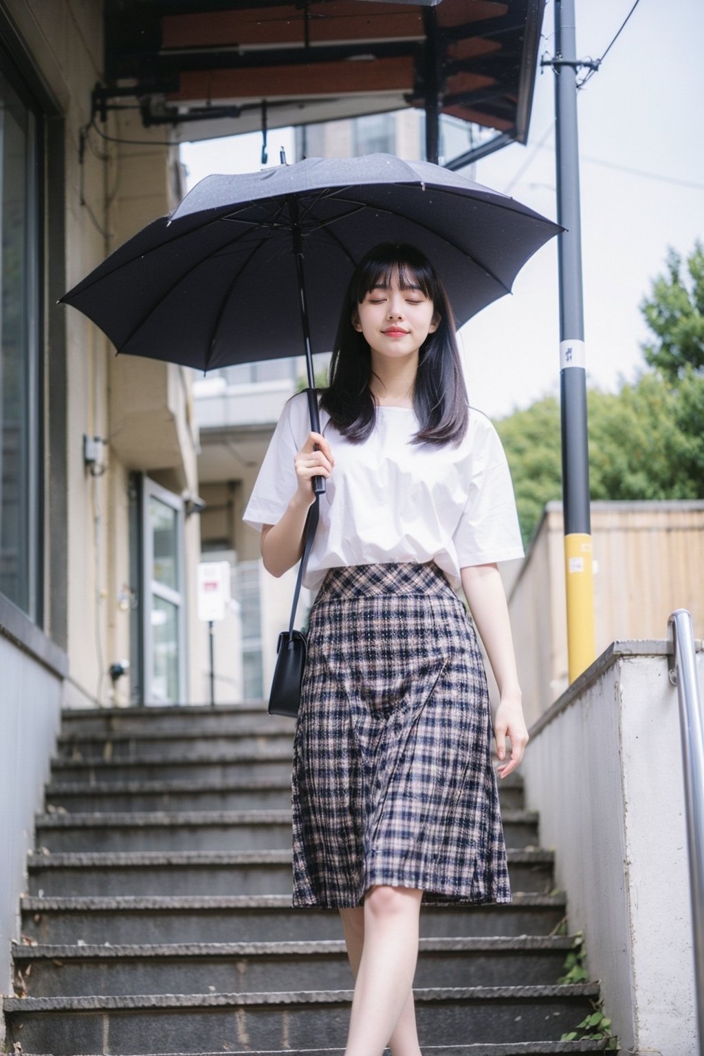 1girl, solo, long hair, skirt, black hair, closed eyes, outdoors, plaid, umbrella, plaid skirt, building, pencil skirt, walking, stairs, real world location,japan