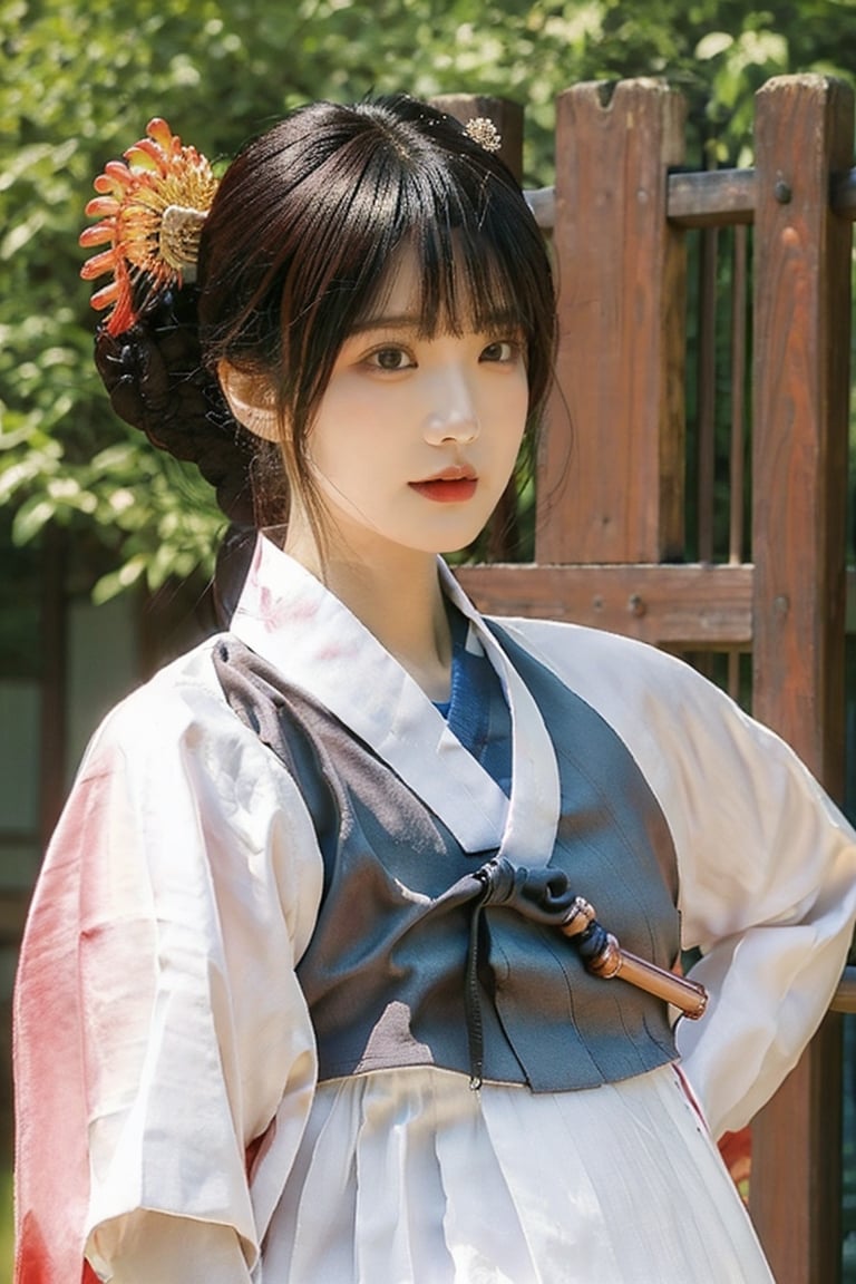 1girl, solo, outdoor, cute korean model girl, hanbok, hair ornament, looking at viewer, brown eyes, bangs, masterpiece, best quality, realistic