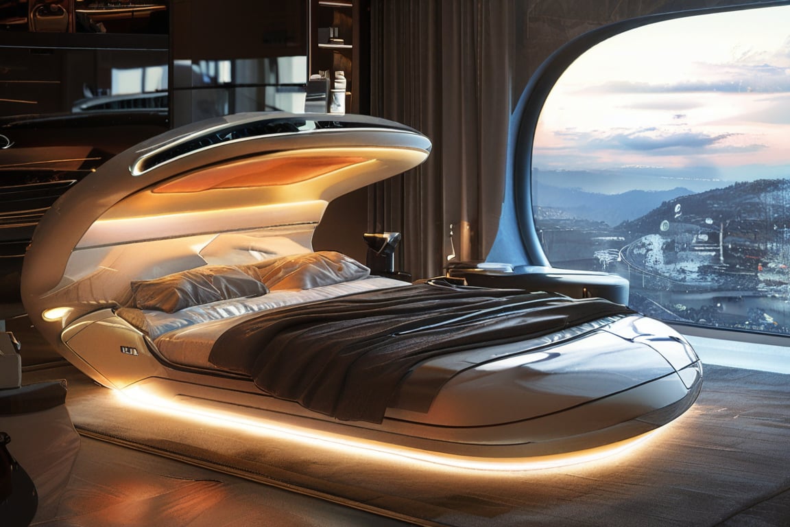 masterpiece, top quality, best quality, official art, beautiful and aesthetic, extreme detailed, an automated bed with adjustable settings and built-in lighting, futuristic curves and smooth, soft materials, placed in a high-tech bedroom with a panoramic window