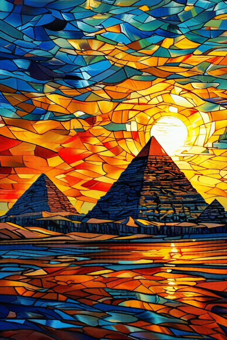 A serene scene of the Pyramids of Giza at dawn, with the golden sands of the desert glowing under the rising sun, in the style of Vincent van Gogh, using a vibrant color palette of warm yellows, deep blues, and soft browns with swirling, textured brushstrokes. Artists: Vincent van Gogh, Mahmoud Mokhtar, Hassan Fathy.