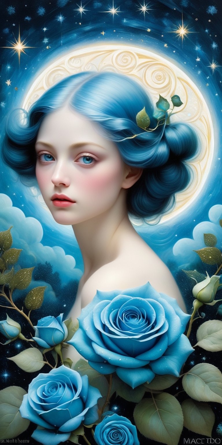 ultra highly detailed, mannerism, surrealism digital painting,   by Marc Todd, Nicoletta Ceccoli, Ray Caesar, WLOP,  close up  half  water transparent luminous  fairy  half blue rose   , swirling blue rose vines,, trees  big blue closed rose flowers, moon, moonlight, detailed night sky with stars and clouds, lavish green leaves,  garden, blossoming,  stars, sparks, Van Gogh starry sky , celestial glowing,  glowing aura,   mystical,  water drops, highly detailed, intricated, intricated pose, complex background ,  oil painting, thick strokes,  mannerism , vibrant colors, masterpiece, high quality, 32k, best quality, , ultra sharp focus