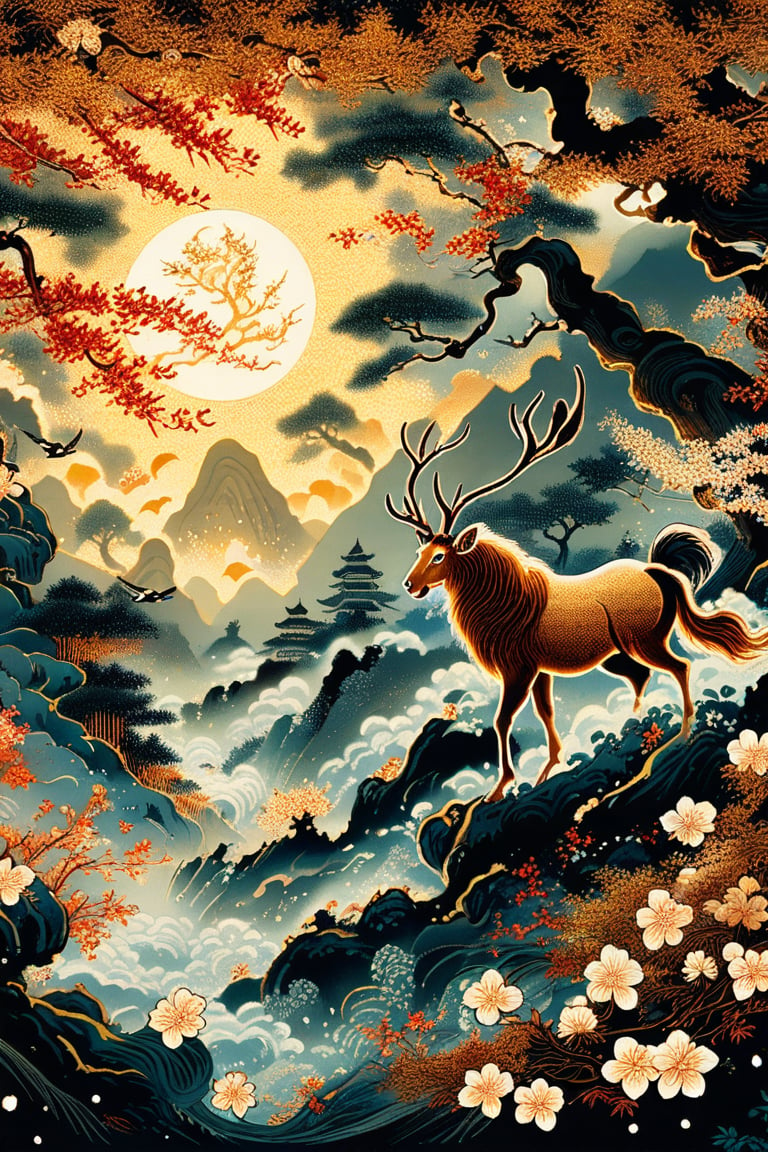 Masterpiece, beautiful and aesthetic, ultra detail, intricate, calligraphy brush, gold leaf sparkle, kanji, intricate nishiki-e, describing an epic scene, a mystical qilin galloping through a lush forest, its antlers glowing, leaving a trail of blossoms in its wake. Inspired by Chinese folklore.