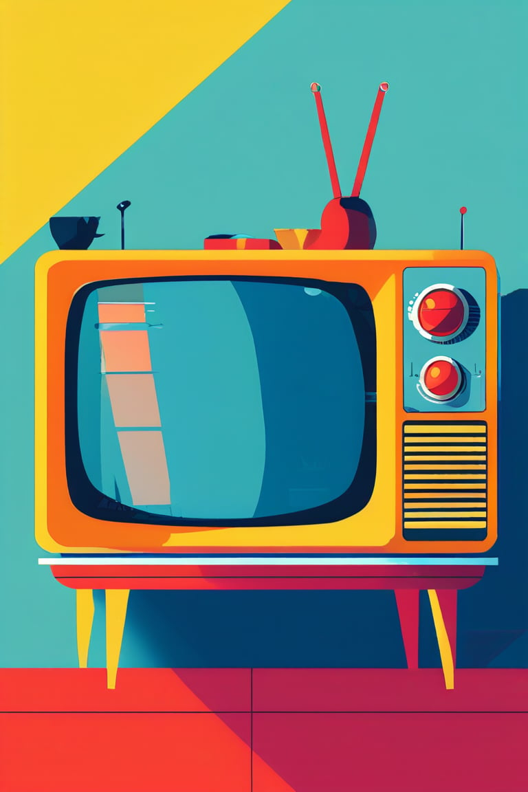 A flat design illustration of a retro television set, with vibrant and contrasting colors. The style is clean and modern, featuring simple geometric forms, limited shading, and a balanced composition. The colors are bold and dynamic, giving a fresh and retro-futuristic look.