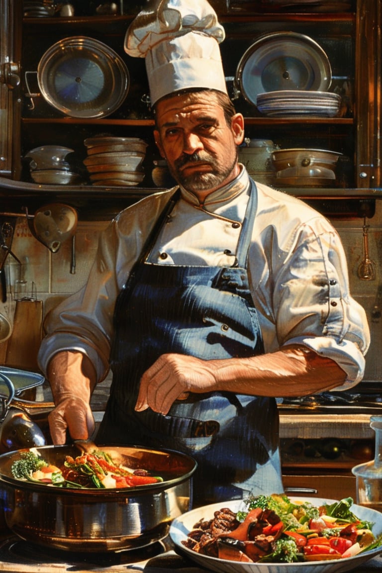 masterpiece, top quality, best quality, official art, beautiful and aesthetic, extreme detailed, a chef cooking in a bustling kitchen, captured in the lively style of Norman Rockwell and Jean-Baptiste-Siméon Chardin