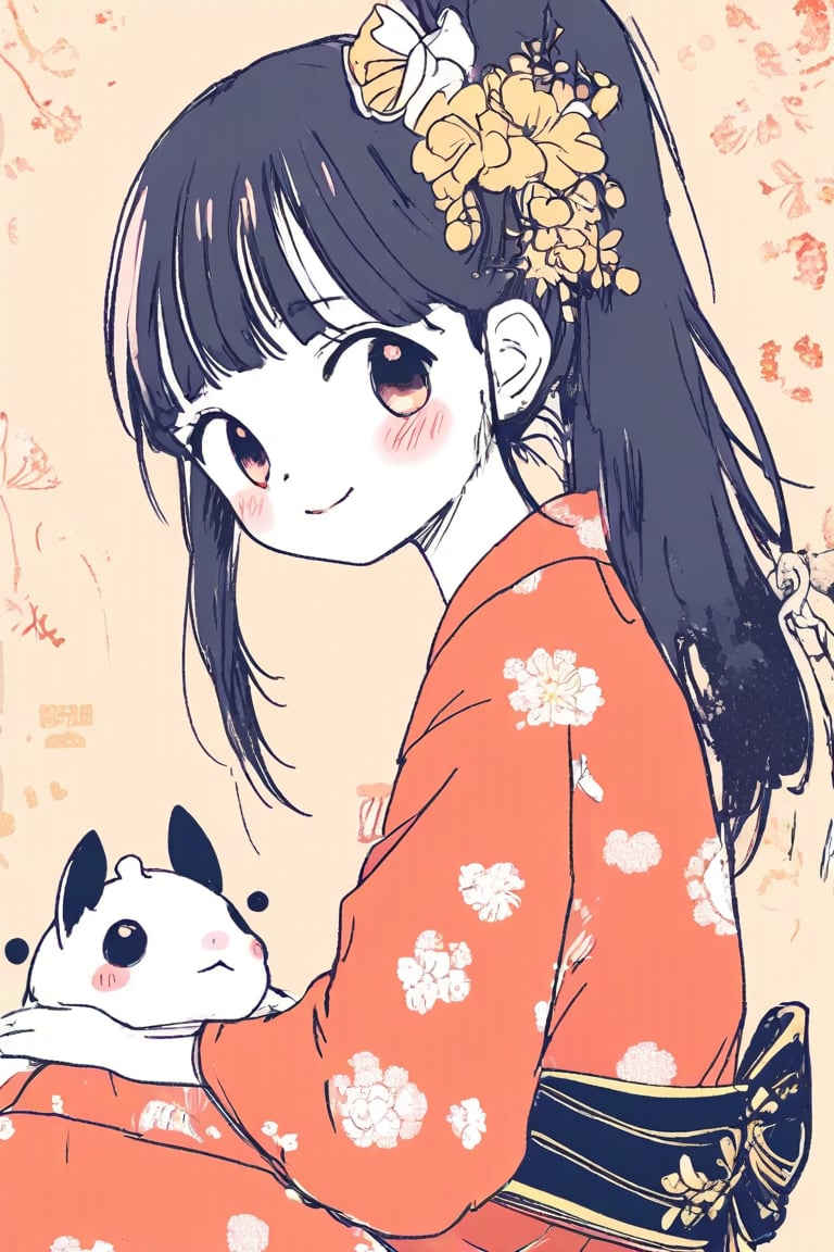 One girl, simple background, gold folding screen-style background, Japanese style, solo, smiling, blushing, long hair, hair ornament, long sleeves, sitting, brown eyes, flowers, black hair, Japanese clothes, hair ornament, wide sleeves, kimono, from the side, profile, animals, floral pattern, ponytail, white flowers, chrysanthemum flowers, fish, goldfish, black kimono,Anime style,kawaii,1girl,vspop,anime