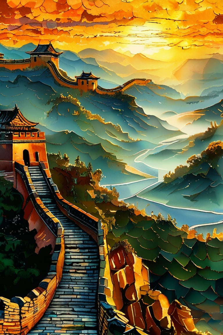 A serene view of the Great Wall of China winding through misty mountains at dawn, with ancient stone structures bathed in golden light, in the style of Vincent van Gogh, using a vibrant color palette of earthy browns, soft greens, and deep blues with swirling, textured brushstrokes. Artists: Vincent van Gogh, Qi Baishi, Zhang Daqian.