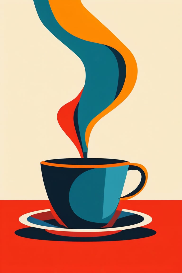 A flat design illustration of a steaming cup of coffee, with vibrant and contrasting colors. The style is clean and modern, featuring simple geometric forms, limited shading, and a balanced composition. The colors are bold and dynamic, giving a fresh and retro-futuristic look.