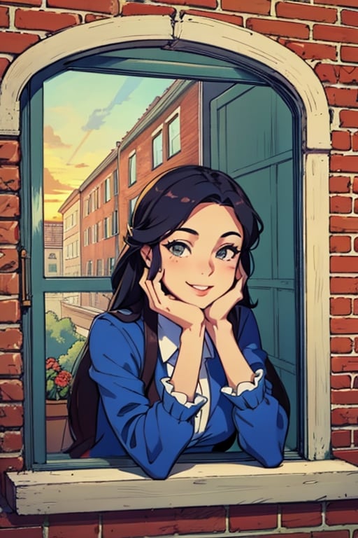 1girl, beautiful, girl wear cosplay costume,  girl for viewing from outside window, flowers in the window, brick wall, look at sunset, cute face, hands on chin pose, upper body, beautiful nature, smile face, romance_mood, Nelly,from outside window,Nelly,barbaradef,Detailedface