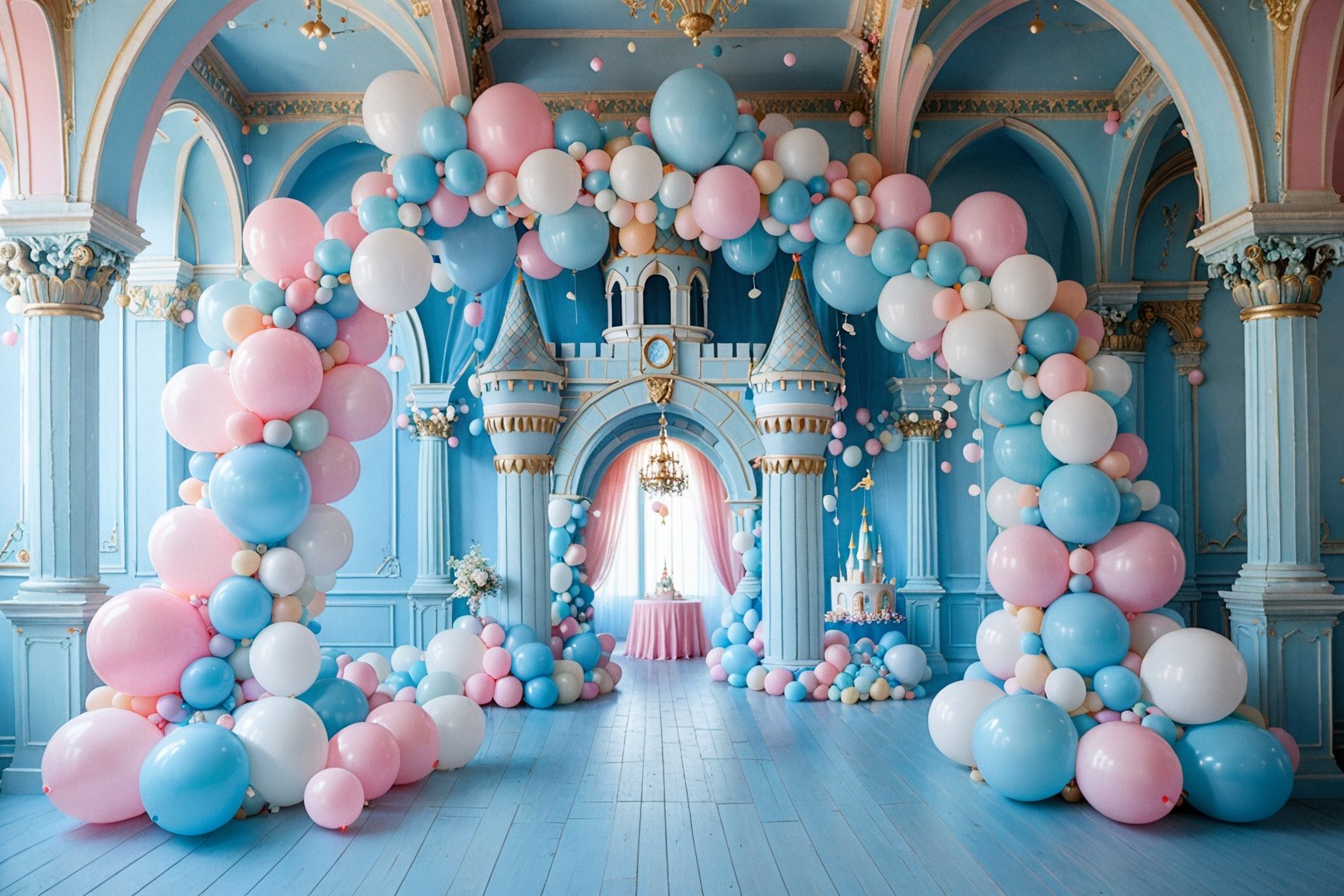 A whimsical and dreamy setting, dominated by pastel colors. There are large balloons in shades of pink, blue, and white, suspended from the ceiling and draped around pillars. In the center, there's a miniature castle with pink and white domes, surrounded by smaller structures. The floor is adorned with an array of balloons, and there are decorative elements like hanging garlands and dangling flowers. The backdrop is a soft blue, and there are arches that frame the scene, adding to the fairy-tale ambiance.