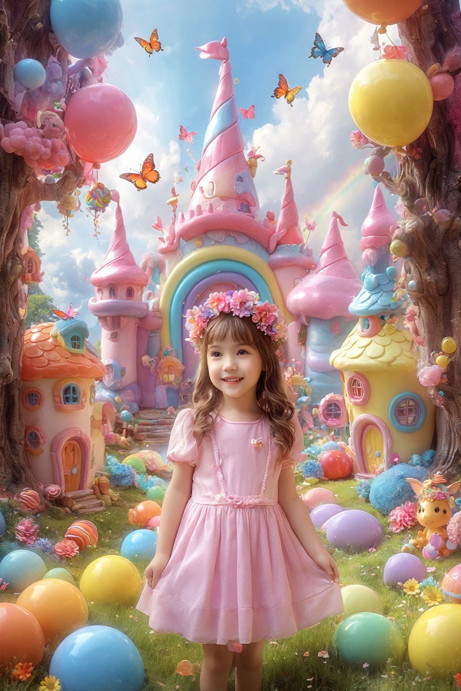 colorful and cute theme, a little girl, cute, innocent, rosy cheeks, floral dress, (sparkling headdress: 1.2), wand, (talking animal companion: 1.3), magical forest, colorful butterflies, magical creatures, (friendly dragon: 1.1), castle, rainbow, (floating fairy: 1.1), (huge lollipop: 0.9), (candy house: 1.2), (wishing well: 1.1), sparks, Happiness, Adventure (Storybook: 1.1), Fantasy, Fantasy, and Fantastic (Ray Tracing, HDR, Illusory Rendering, Reasonable Design, High Detail, Masterpiece, Best Quality, Ultra high Definition),kid_backdrop