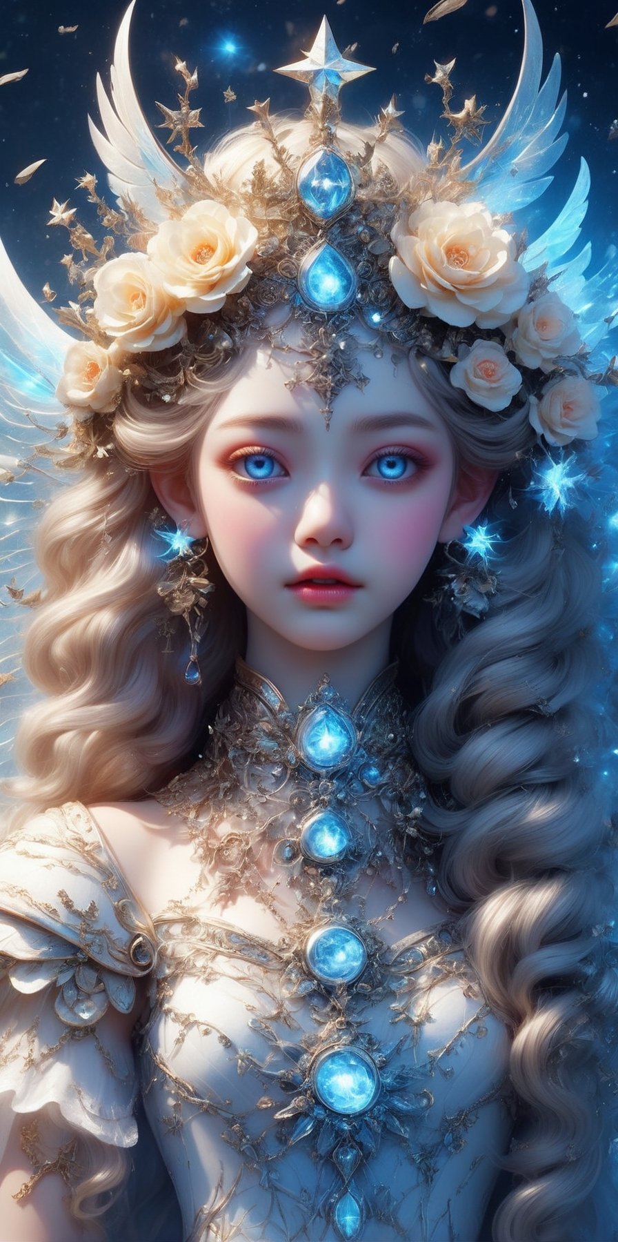 ultra Realistic, Extreme detailed, 1 girl, 12years old,Goddess of Light,transparent respirator on facethe crown is silverr,girl has blue eye,star-shaped pupils,sparkling eyes, (Flower Bride), (Wings that pulsate with neon lights,
alabaster skin,
Christmas Fantasy World,DonMSn0wM4g1cXL,shiny