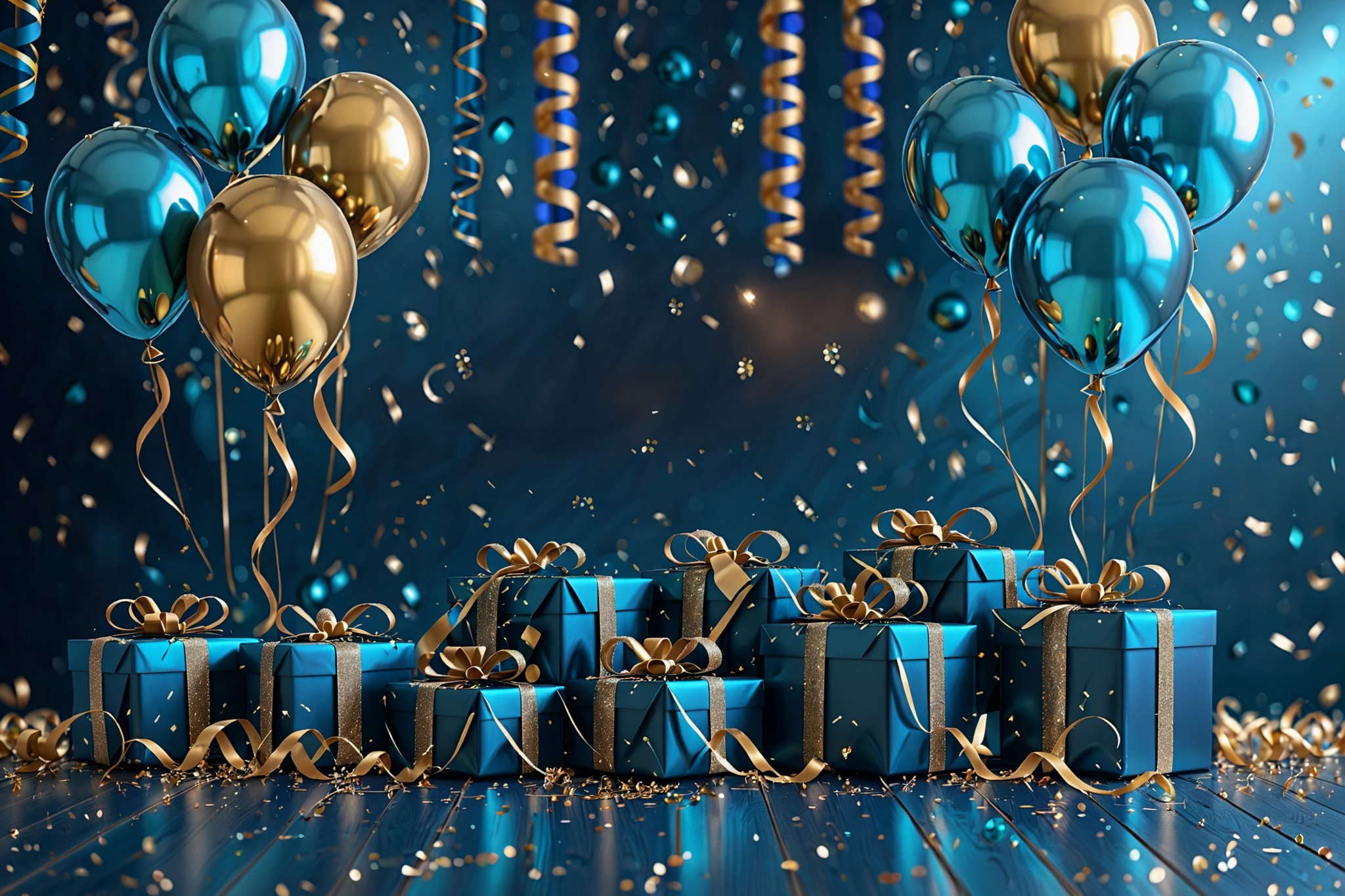 A festive setting with a dark blue background dotted with golden bokeh lights. In the foreground, there are teal-colored balloons, some of which are held aloft by ribbons. Beneath the balloons, there are two teal gift boxes with golden bows. The boxes are placed on a wooden floor, which is scattered with golden confetti, ribbons, and spheres. The entire scene exudes a celebratory and elegant ambiance.