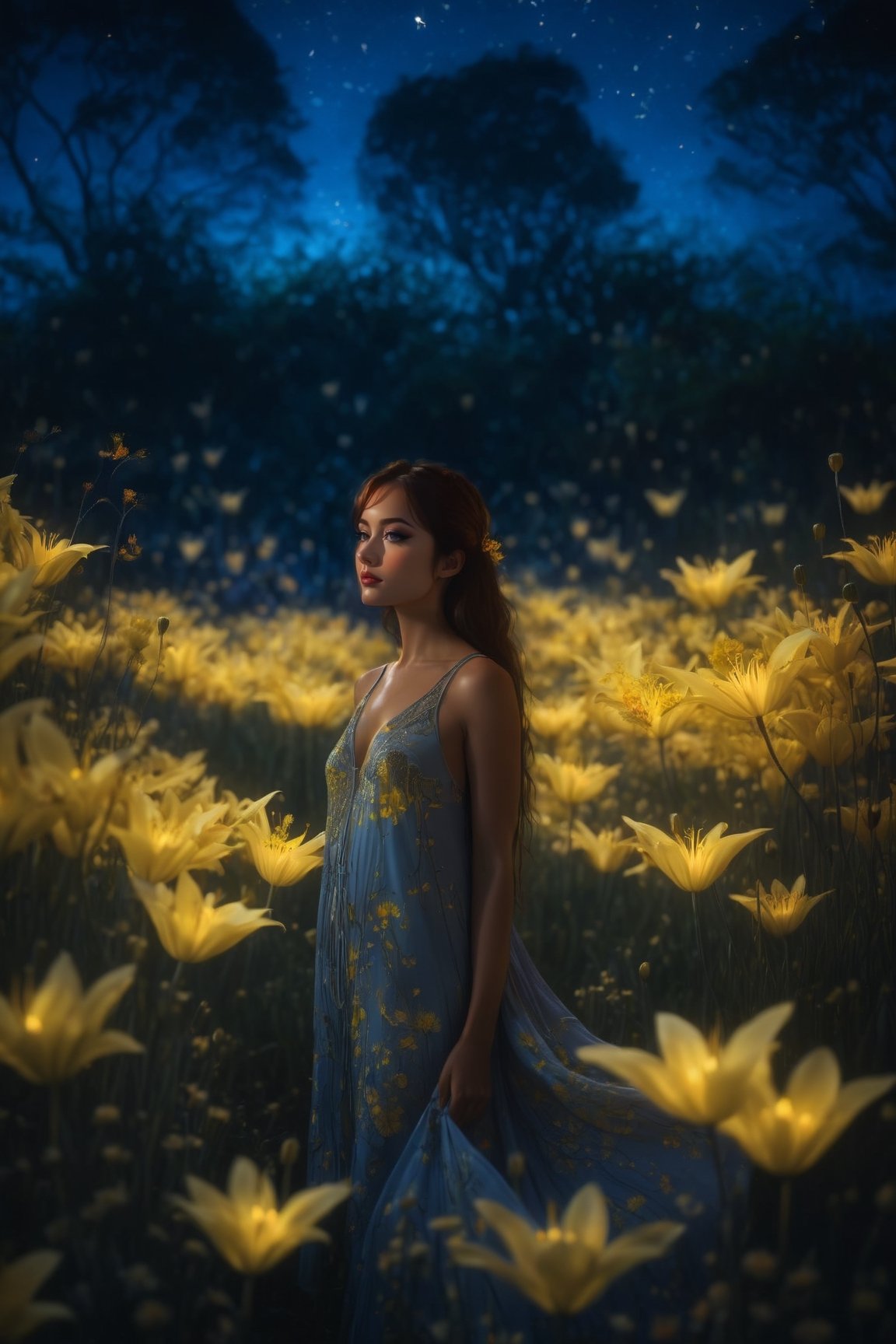 1girl, full body, high detailed, ultra realistic,  Bathed in ethereal moonlight, a figure stands amidst a field of yellow and blue spider lilies, their crimson whispers echoing the sorrow in their eyes. Butterflies, fragile yet determined, flutter around them, drawn to the moonlit beauty and silent lament. (Focus on melancholic ambiance, contrasting colors, and the butterfly's symbolic hope), Movie Still