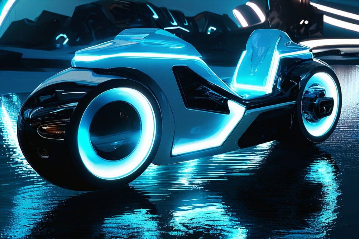 photorealistic image, masterpiece, high quality 8K, of a futuristic ((sci-fi large super motocycle), (((submerged in the sea))), Tron legacy, white and blue neon lights, good lighting, at night, sharp focus