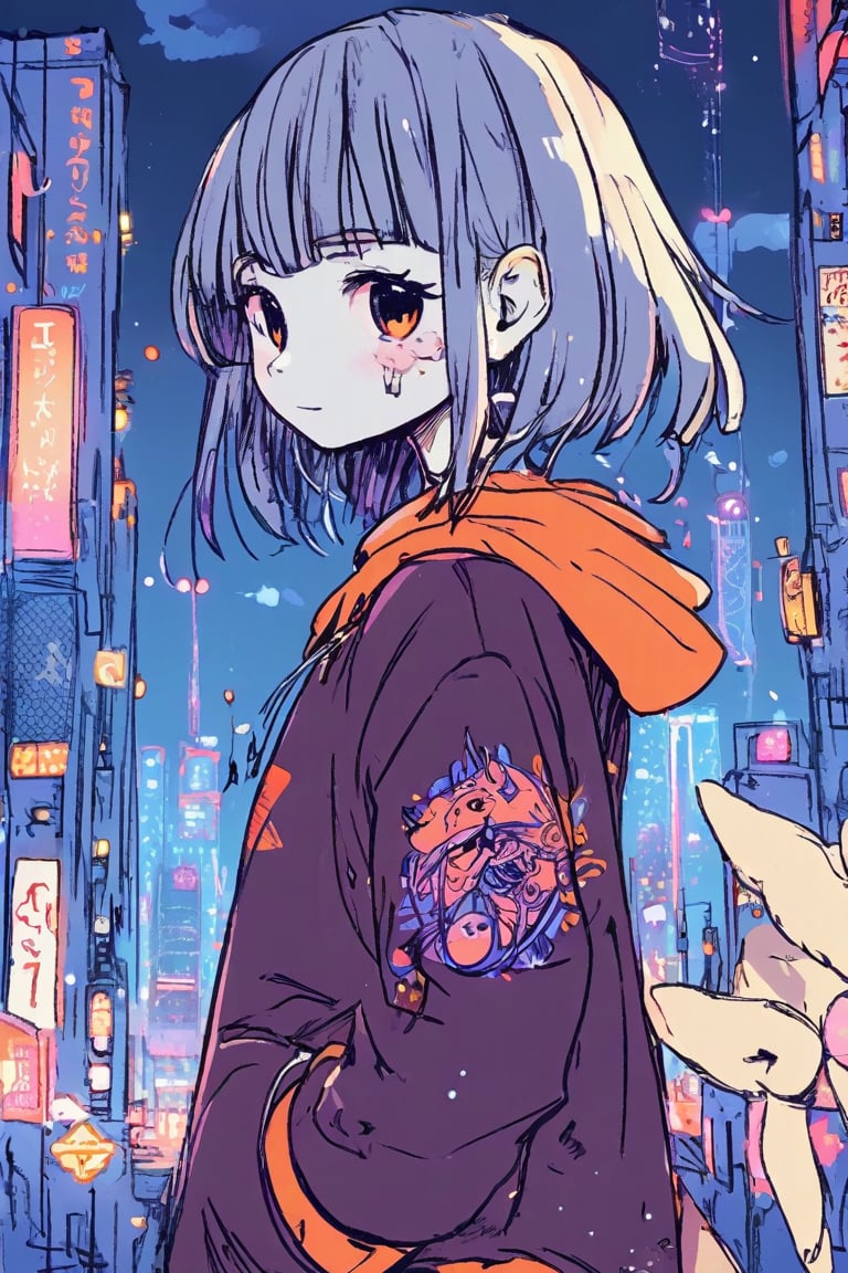 1girl, anime, cyberpunk, vibrant cityscape, glowing tattoos