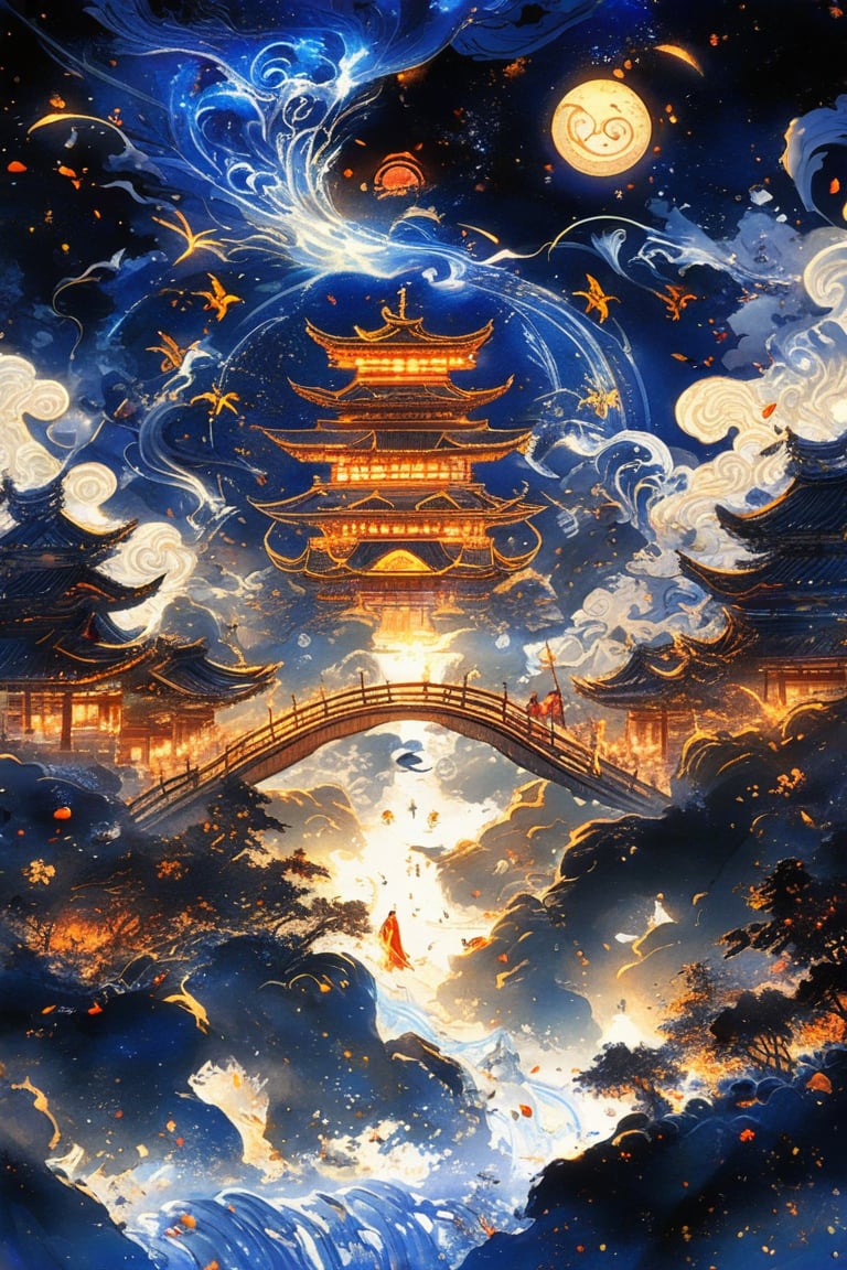 Masterpiece, beautiful and aesthetic, ultra detail, intricate, calligraphy brush, gold leaf sparkle, kanji, intricate nishiki-e, describing an epic scene, a heavenly procession of deities crossing a celestial bridge, their divine light banishing the darkness below. Inspired by Chinese legends.